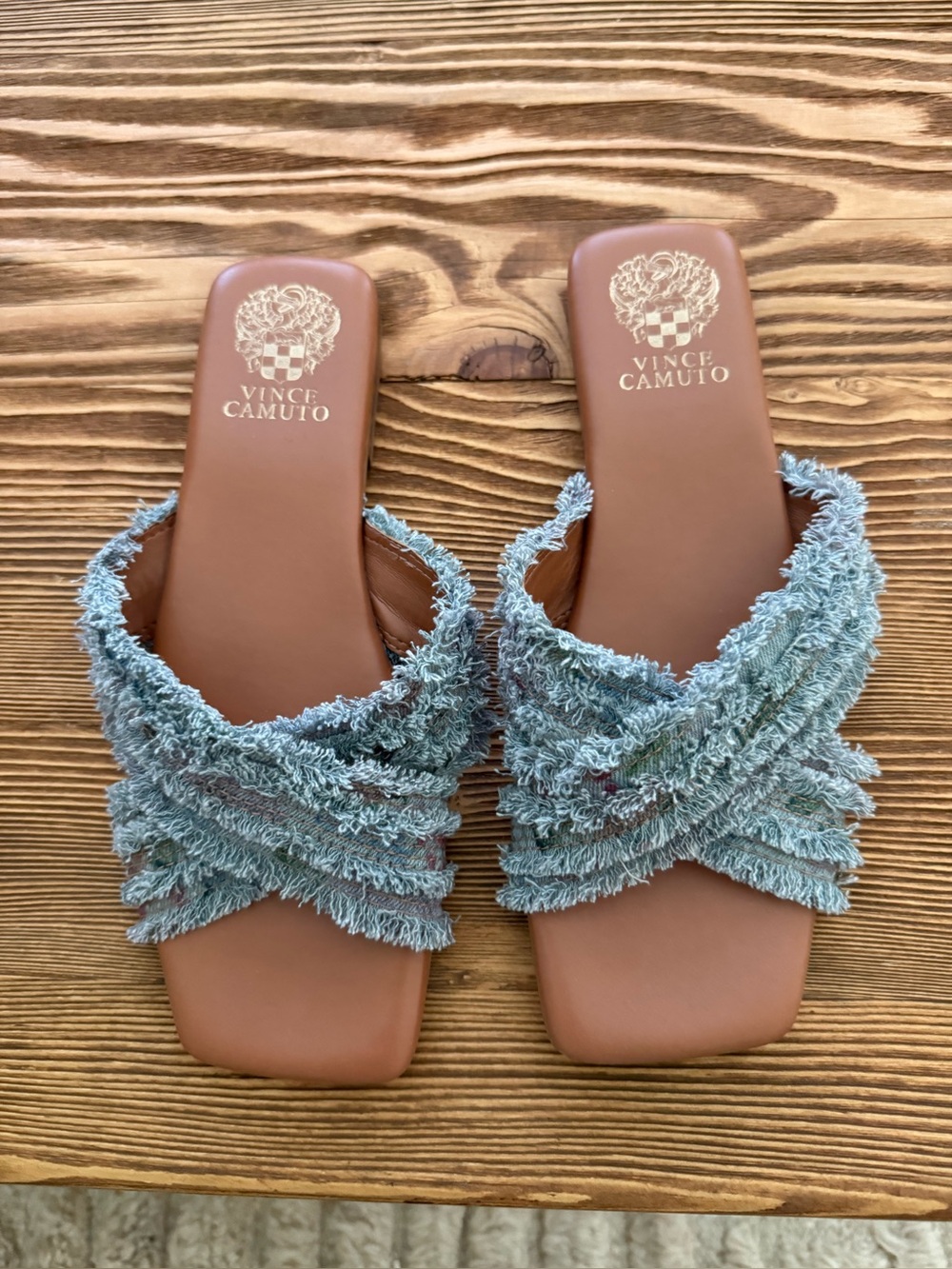 Vince Camuto Light Blue Frayed Crossband Slide Mules